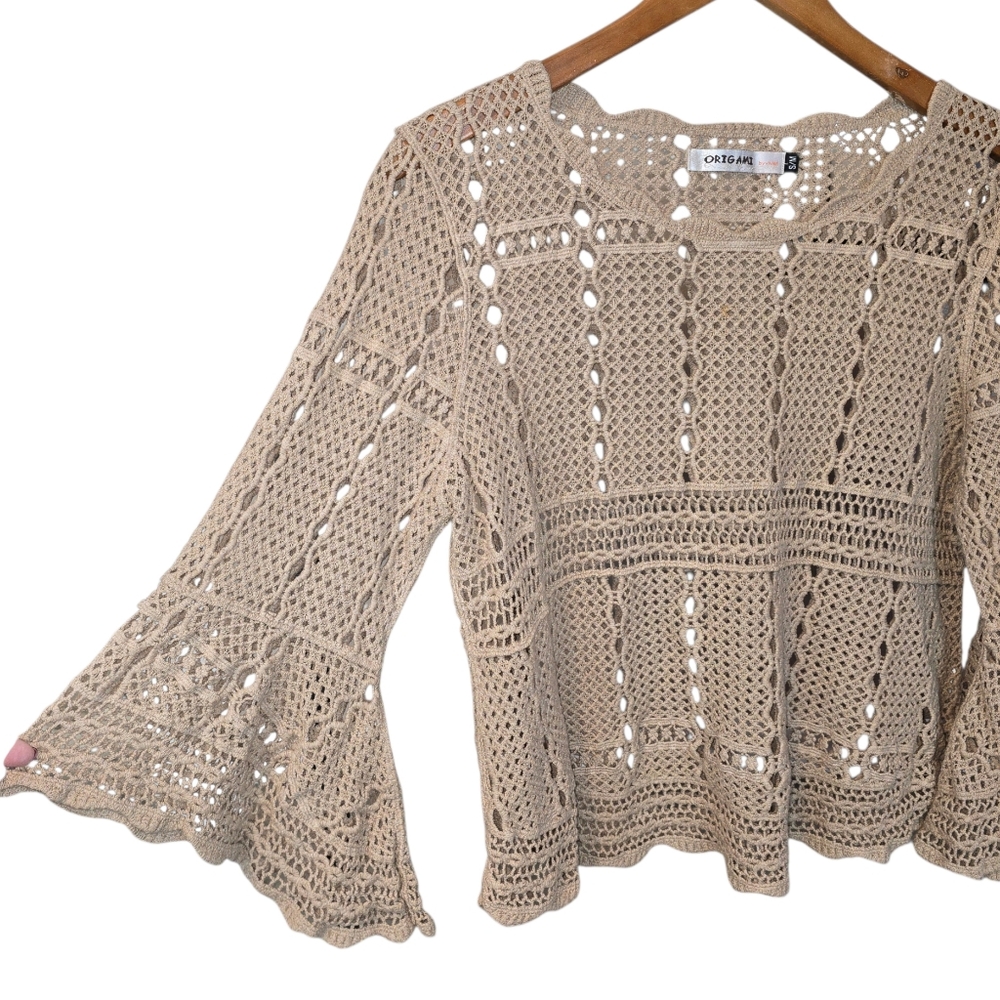 Origami Crochet Lace Bell Sleeve Boho Top Neutral Beige Size Small/Medium